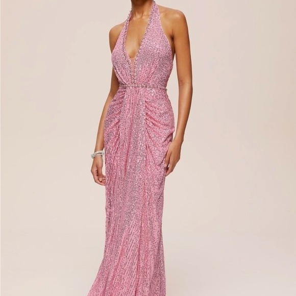 Pink Sequin Ruched Halter Gown - Picture 2 of 10